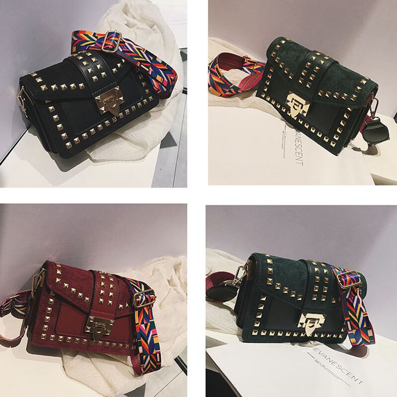 New Wide Shoulder Strap Small Square Bag Fashion Rivet Crossbody Bag Female Bags Messenger Bag Women Satchel - ebowsos