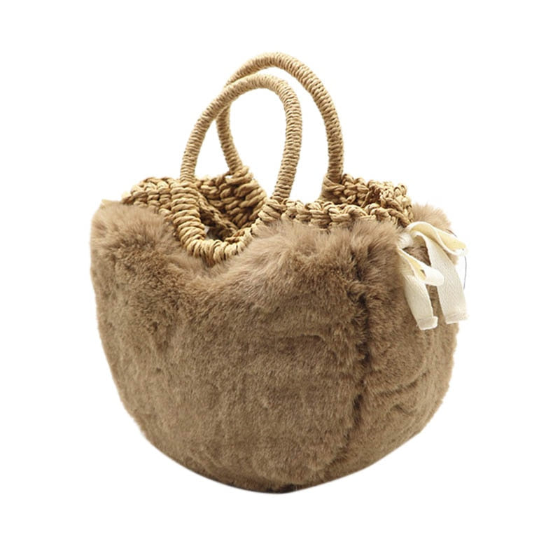 New Winter Women'S Woven Bag Girls Plush Straw Handbag Plush Jacket Mini Basket Straw Bag Small Messenger Bag - ebowsos