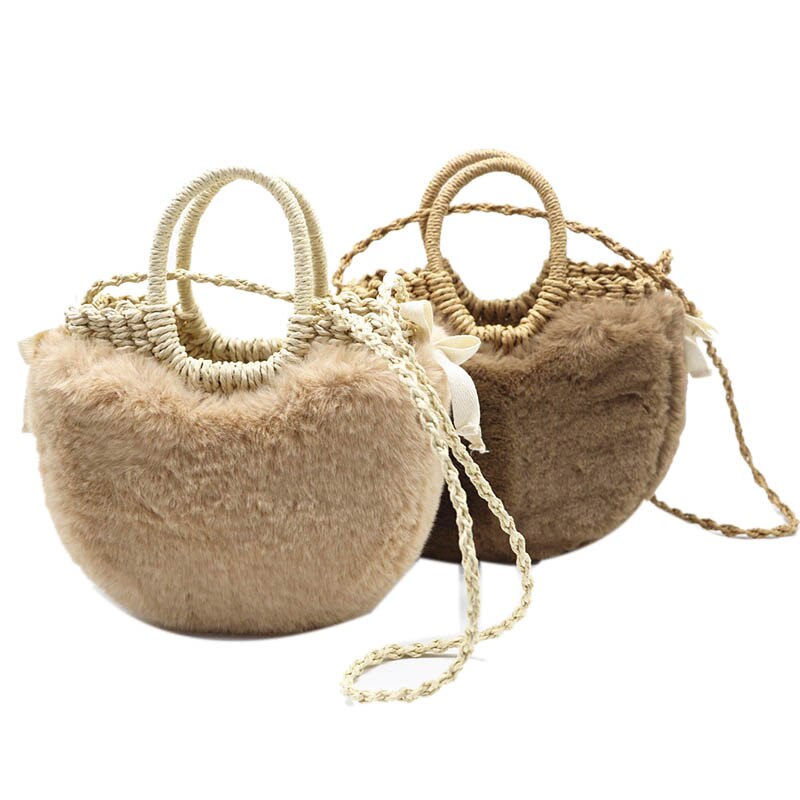 New Winter Women'S Woven Bag Girls Plush Straw Handbag Plush Jacket Mini Basket Straw Bag Small Messenger Bag - ebowsos