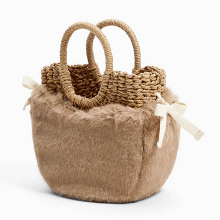 New Winter Women'S Woven Bag Girls Plush Straw Handbag Plush Jacket Mini Basket Straw Bag Small Messenger Bag - ebowsos