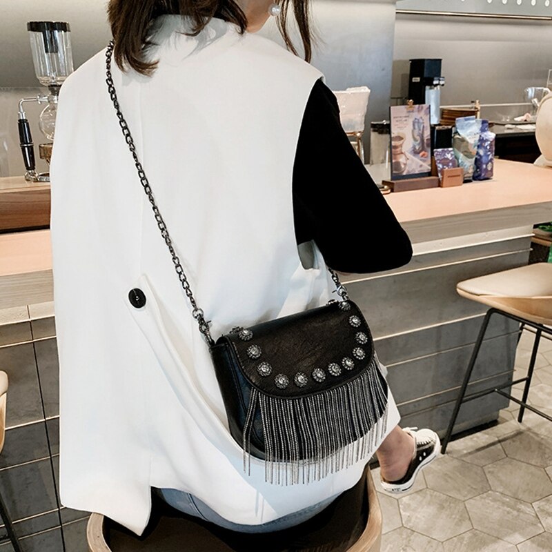 New Women Pu Leather Handbags Tassel Fashion Designer Black Bucket Chain Shoulder Bags Women Messenger Bag - ebowsos