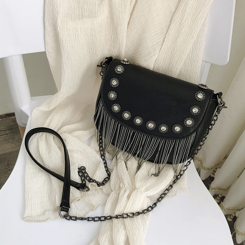 New Women Pu Leather Handbags Tassel Fashion Designer Black Bucket Chain Shoulder Bags Women Messenger Bag - ebowsos