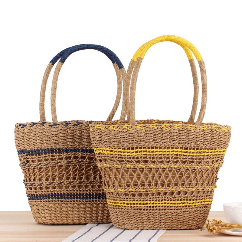 Newest Hot Women Summer Beach Tote Bag Ladies Casual Holiday Wicker Straw Rattan Hollow Out Hand Woven Bags - ebowsos