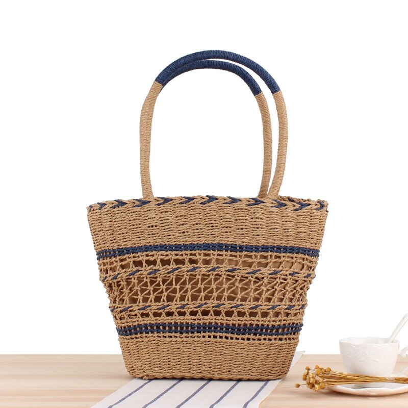 Newest Hot Women Summer Beach Tote Bag Ladies Casual Holiday Wicker Straw Rattan Hollow Out Hand Woven Bags - ebowsos