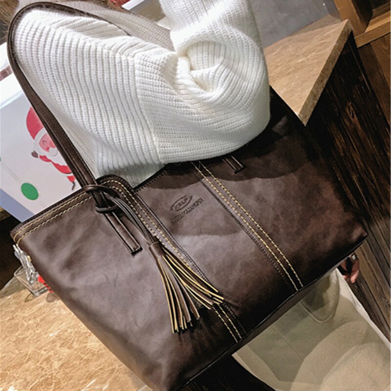 PU Leather Handbags Women Large Tote Shopper Shoulder Top-handle Bags,Brown - ebowsos