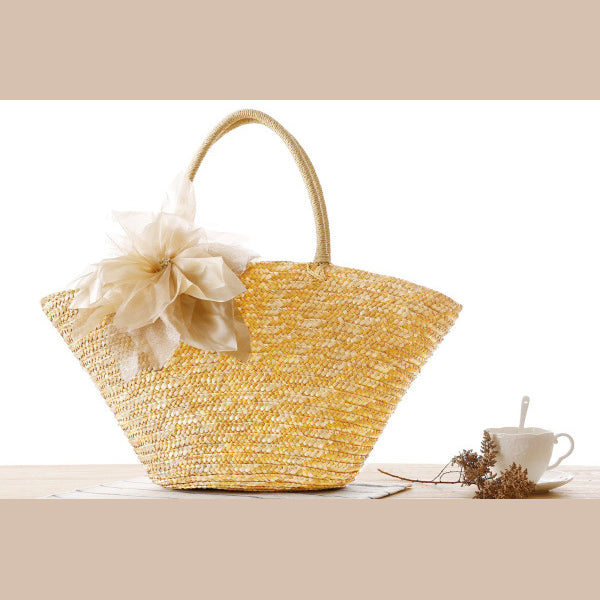 Pastoral Style Woven Straw Beach Bag with Fabulous Silk Flower(Beige) - ebowsos