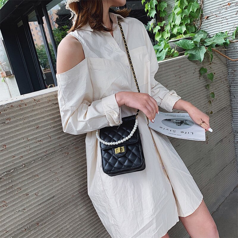 Pearl Belt Bag Crossbody Bags Women Pu Pearl Woman Tote Retro Simple Style Women Elegant Tote Bag - ebowsos