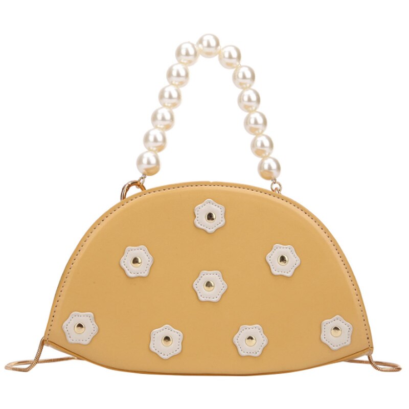 Personality Fun Semi-Circular Flower Leather Ladies Handbag Pearl Chain Handbag Lady Shoulder Bag Pu Ladies Pillow Handba - ebowsos