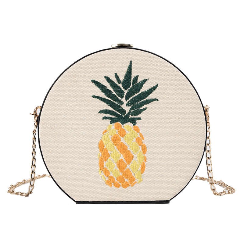 Pineapple Embroidered Round Bag Joker Simple Shoulder Diagonal Women'S Bag Small Round Bag Chain Bag - ebowsos