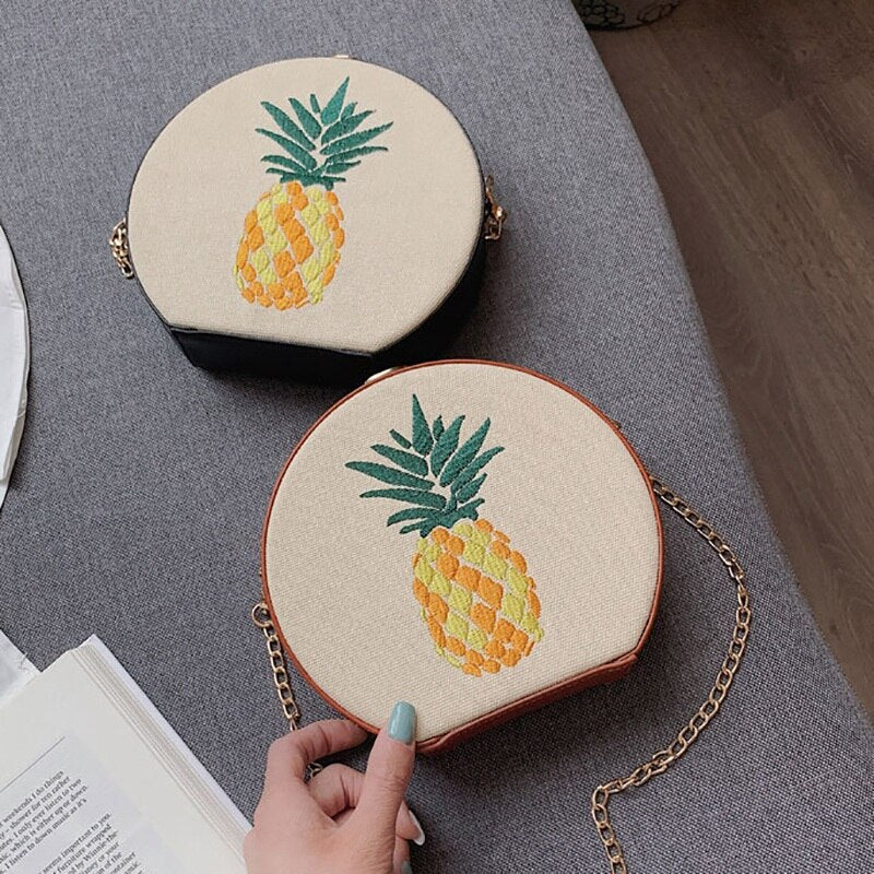 Pineapple Embroidered Round Bag Joker Simple Shoulder Diagonal Women'S Bag Small Round Bag Chain Bag - ebowsos