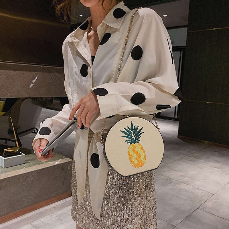 Pineapple Embroidered Round Bag Joker Simple Shoulder Diagonal Women'S Bag Small Round Bag Chain Bag - ebowsos