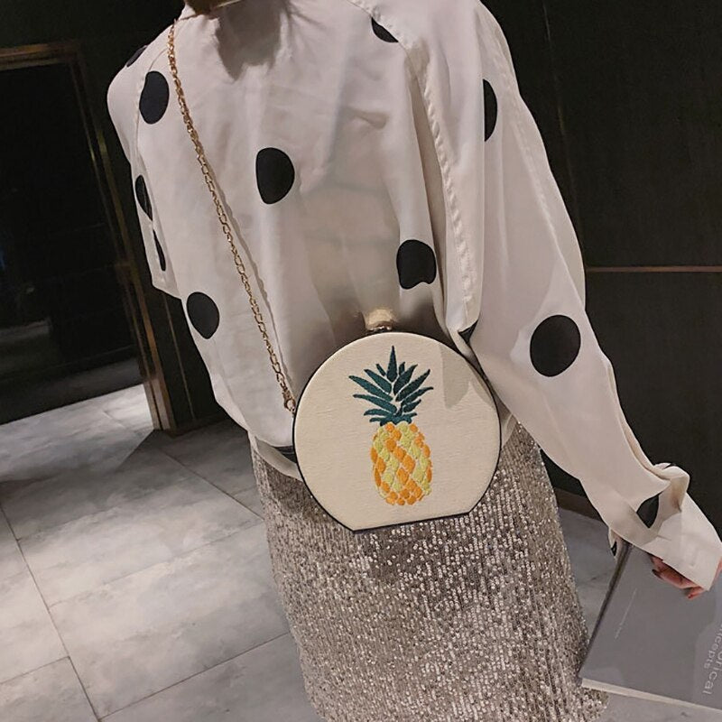 Pineapple Embroidered Round Bag Joker Simple Shoulder Diagonal Women'S Bag Small Round Bag Chain Bag - ebowsos