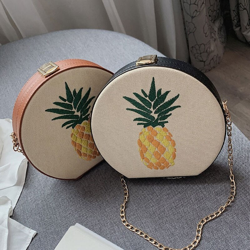 Pineapple Embroidered Round Bag Joker Simple Shoulder Diagonal Women'S Bag Small Round Bag Chain Bag - ebowsos