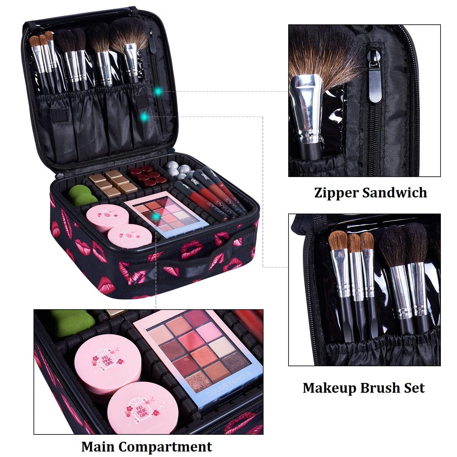 Portable Travel Makeup Train Case Cosmetic Bag Organizer with Adjustable Compartment Brush Holder - ebowsos