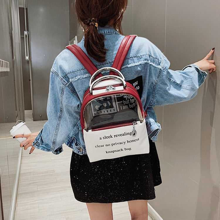 Printing Letter Clear Transparent Backpack Jelly Candy Color Schoolbag For Teenage Girls Leather Women Student Fashion Bo - ebowsos