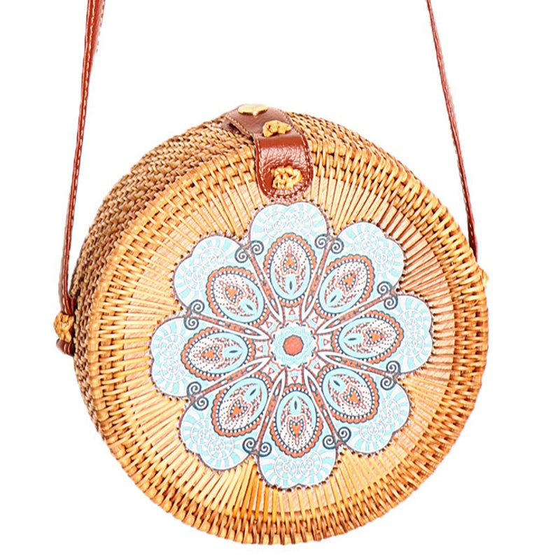 Printing Round Rattan Crossbody Bag,Straw Boho Bag For Women Purse Handmade Clutch Women Shoulder Bag,Rain - ebowsos