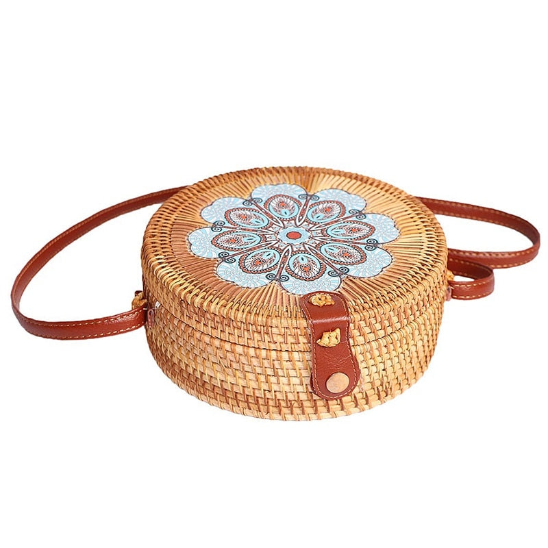 Printing Round Rattan Crossbody Bag,Straw Boho Bag For Women Purse Handmade Clutch Women Shoulder Bag,Rain - ebowsos