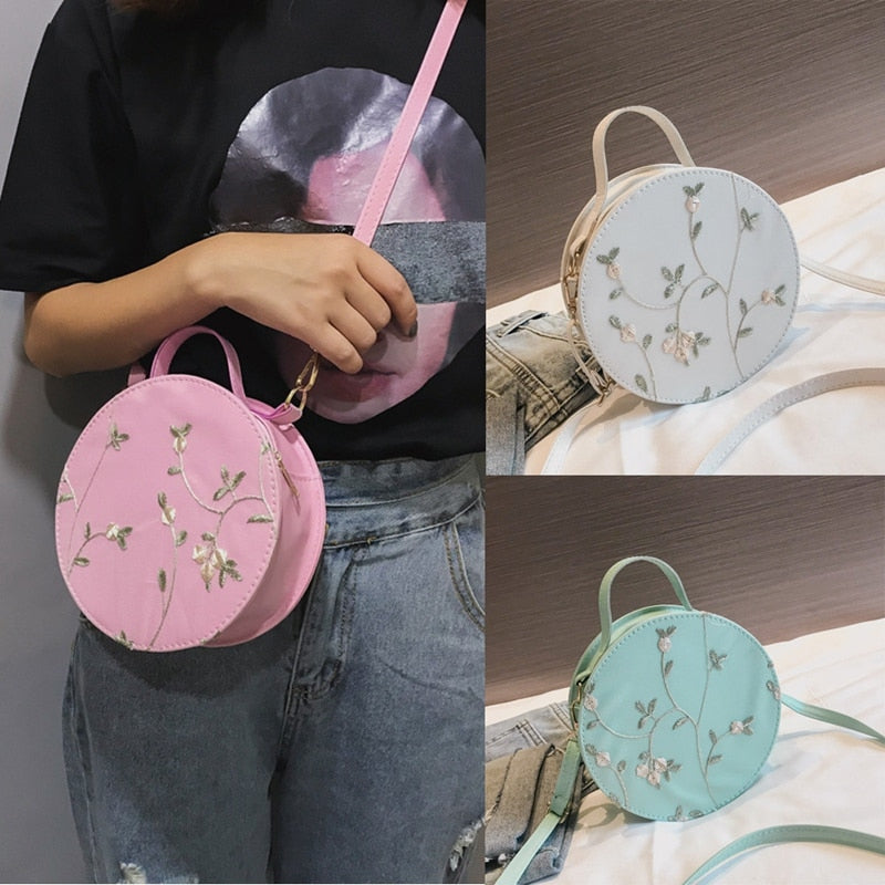 Pu Round Handbag Fashion Small Bag Embroidery Flower Shoulder Bag Ladies Handbag - ebowsos