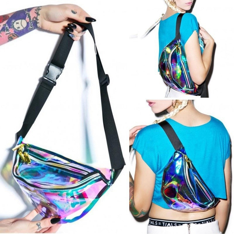 Punk Lady Girl Retro Rainbow Transparent Fanny Pack Bum Women Purse Waist Bag - ebowsos