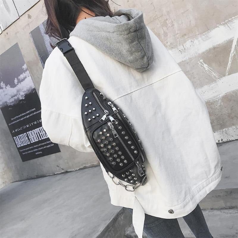 Punk Style Rivet Pu Leather Casual Waist Bag Women Sling Shoulder Bag Phone Fanny Pack Ladies Chest Belt Bags(Black) - ebowsos