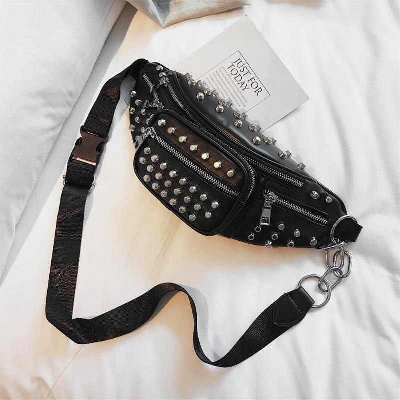 Punk Style Rivet Pu Leather Casual Waist Bag Women Sling Shoulder Bag Phone Fanny Pack Ladies Chest Belt Bags(Black) - ebowsos