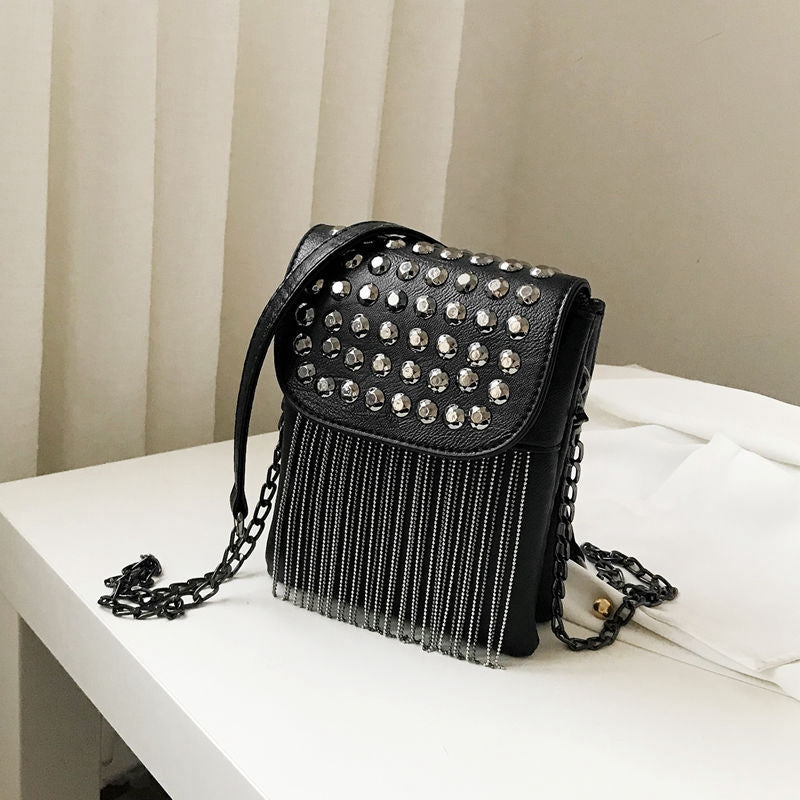 Punk Style Women Bag Pu Leather Handbag With Tassel Purse Women'S Shoulder Bags Small Cross Body Bag Chain - ebowsos