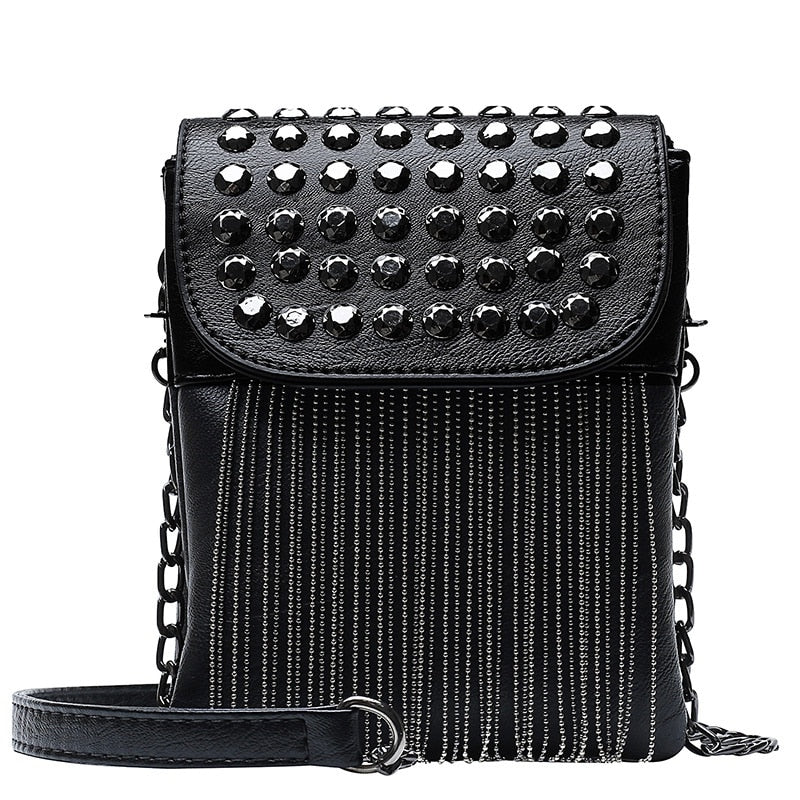 Punk Style Women Bag Pu Leather Handbag With Tassel Purse Women'S Shoulder Bags Small Cross Body Bag Chain - ebowsos