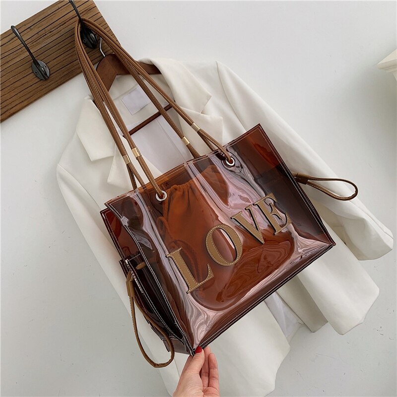 Pvc Transparent Shoulder Bags For Women Summer Beach Bag Big Totes Lady Travel Handbags With A Small Bag Large-Capacity - ebowsos