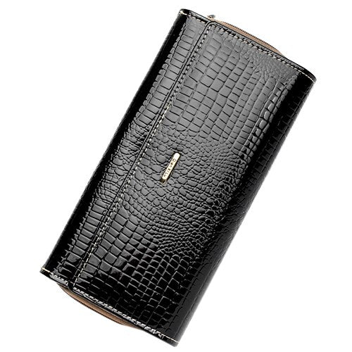 Qian Xi Lu Patent leather Fashion Women 3 Pleats Long Wallet Zipper Pocket Card Holder Wallet - ebowsos