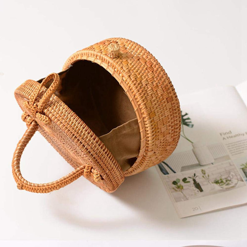 Rattan Bag For Women, Fashion Handmade Wicker Woven Purse Round Rattan Bag Bamboo Rattan Bag For Summer Beach Sea Vacatio - ebowsos