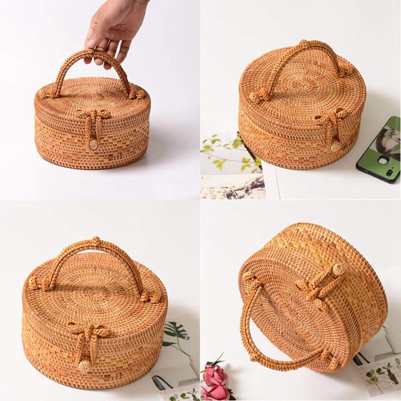 Rattan Bag For Women, Fashion Handmade Wicker Woven Purse Round Rattan Bag Bamboo Rattan Bag For Summer Beach Sea Vacatio - ebowsos