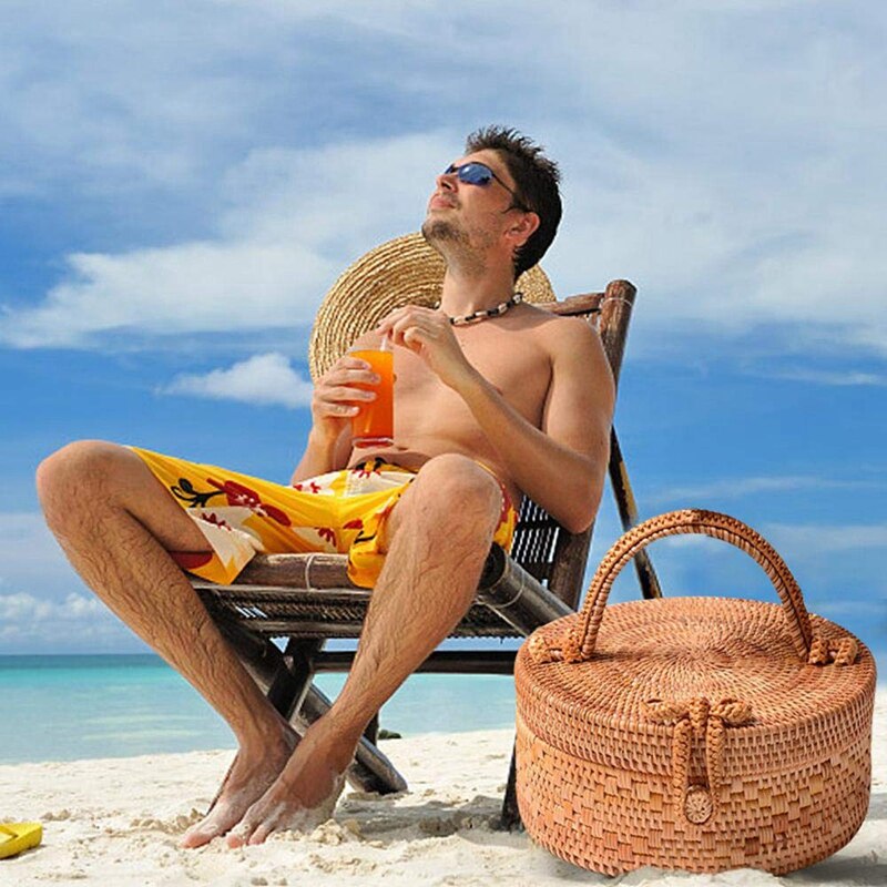 Rattan Bag For Women, Fashion Handmade Wicker Woven Purse Round Rattan Bag Bamboo Rattan Bag For Summer Beach Sea Vacatio - ebowsos