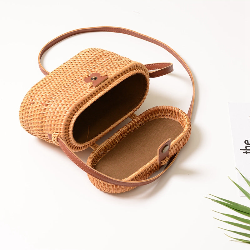 Rattan Beach Basket Bag Retro Hand-Woven Straw Crossbody Bag Pu Strap Box Shape Small Handbags Nurse Bag - ebowsos