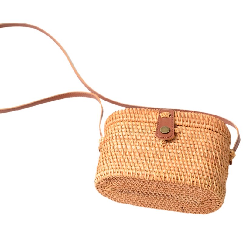 Rattan Beach Basket Bag Retro Hand-Woven Straw Crossbody Bag Pu Strap Box Shape Small Handbags Nurse Bag - ebowsos