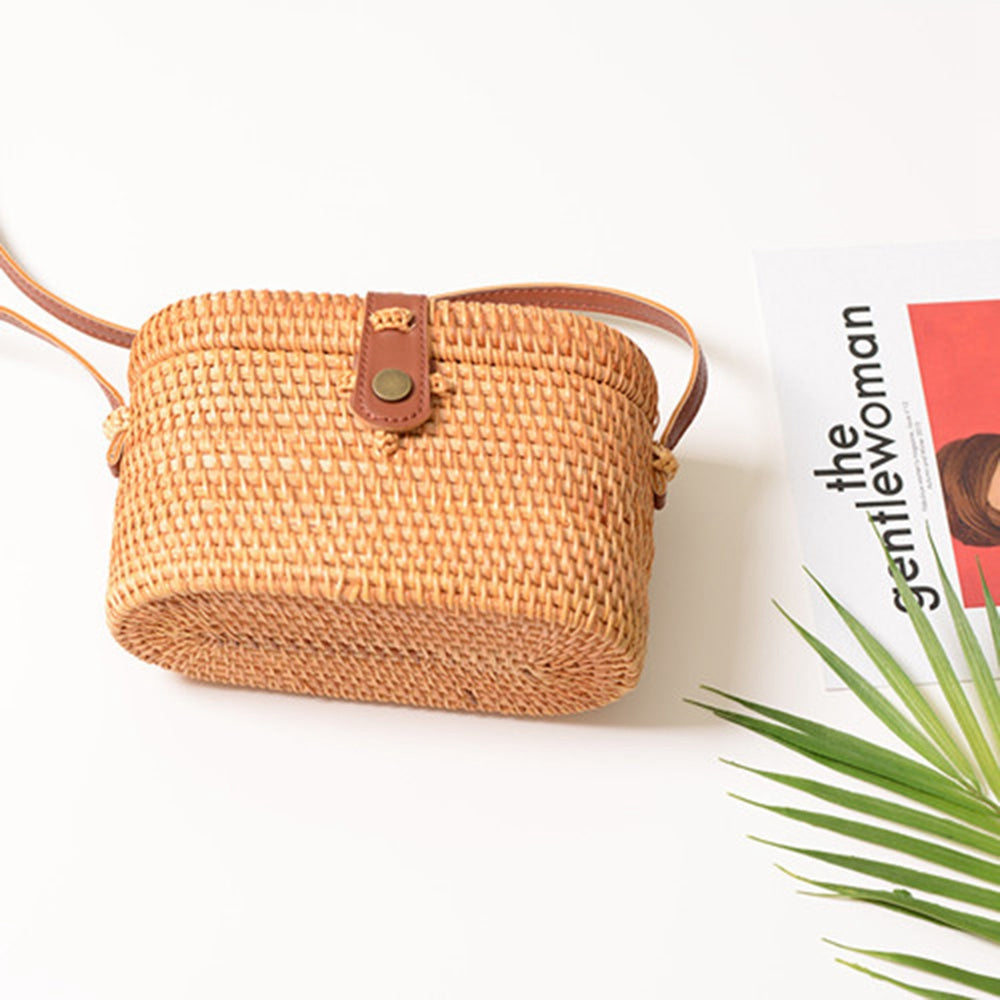 Rattan Beach Basket Bag Retro Hand-Woven Straw Crossbody Bag Pu Strap Box Shape Small Handbags Nurse Bag - ebowsos