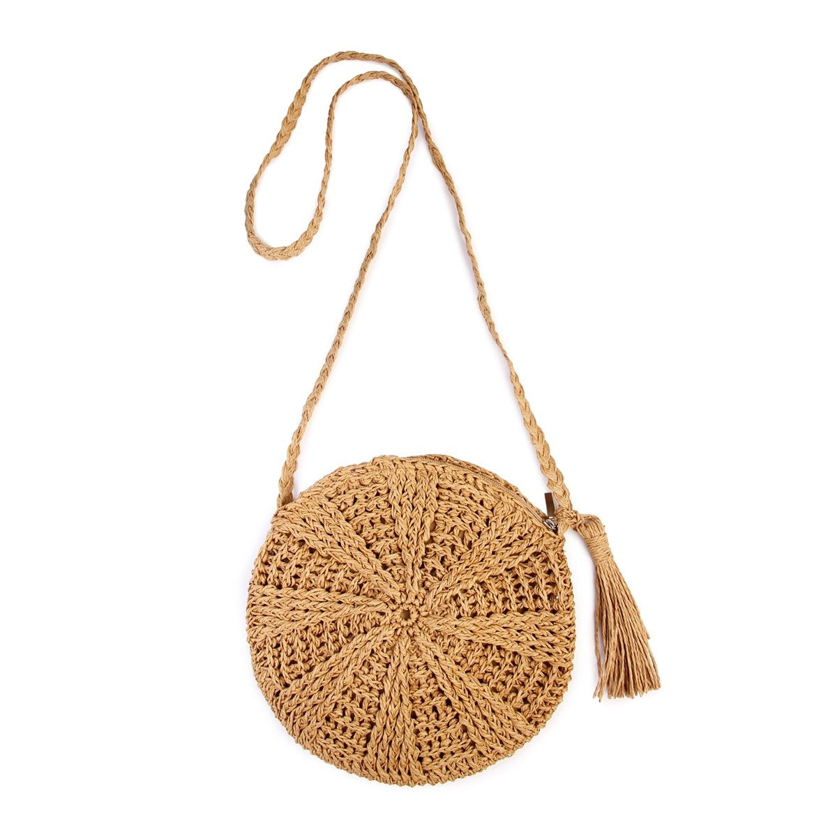 Rattan Crochet Straw Woven Basket Bali Handbag Round Circle Crossbody Shopper Beach Tote Bag - ebowsos