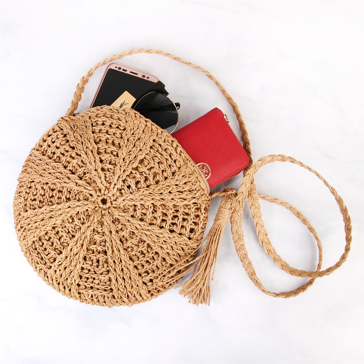 Rattan Crochet Straw Woven Basket Bali Handbag Round Circle Crossbody Shopper Beach Tote Bag - ebowsos