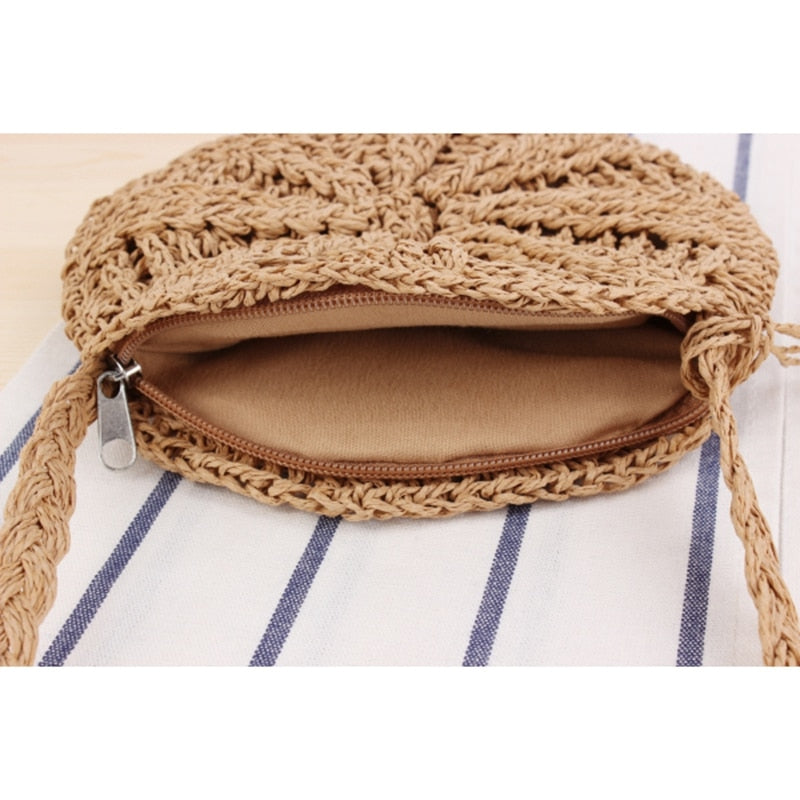 Rattan Crochet Straw Woven Basket Bali Handbag Round Circle Crossbody Shopper Beach Tote Bag - ebowsos