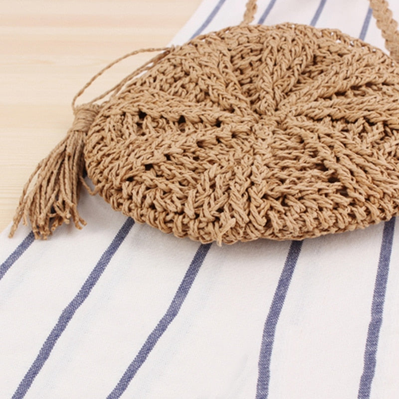 Rattan Crochet Straw Woven Basket Bali Handbag Round Circle Crossbody Shopper Beach Tote Bag - ebowsos