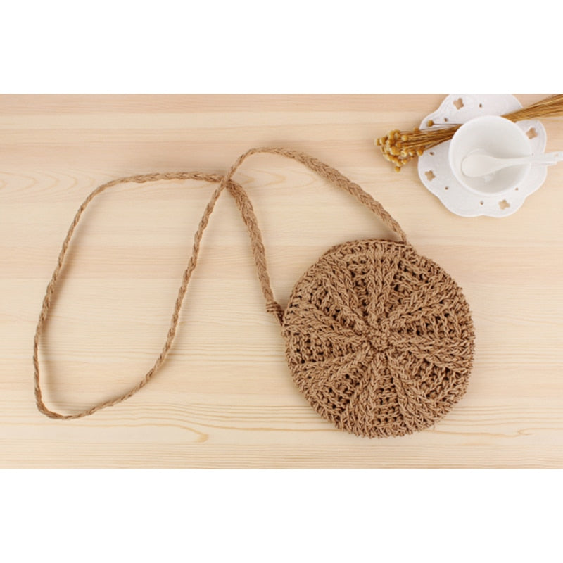 Rattan Crochet Straw Woven Basket Bali Handbag Round Circle Crossbody Shopper Beach Tote Bag - ebowsos