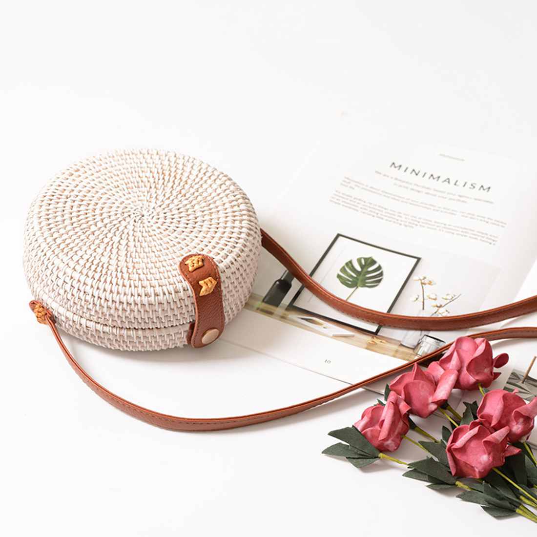 Rattan Woven Bag Ins Bag Wrap Package Department Of Classical Art, Handmade White Mini Woven Bag Pu Shoulder Strap(White) - ebowsos