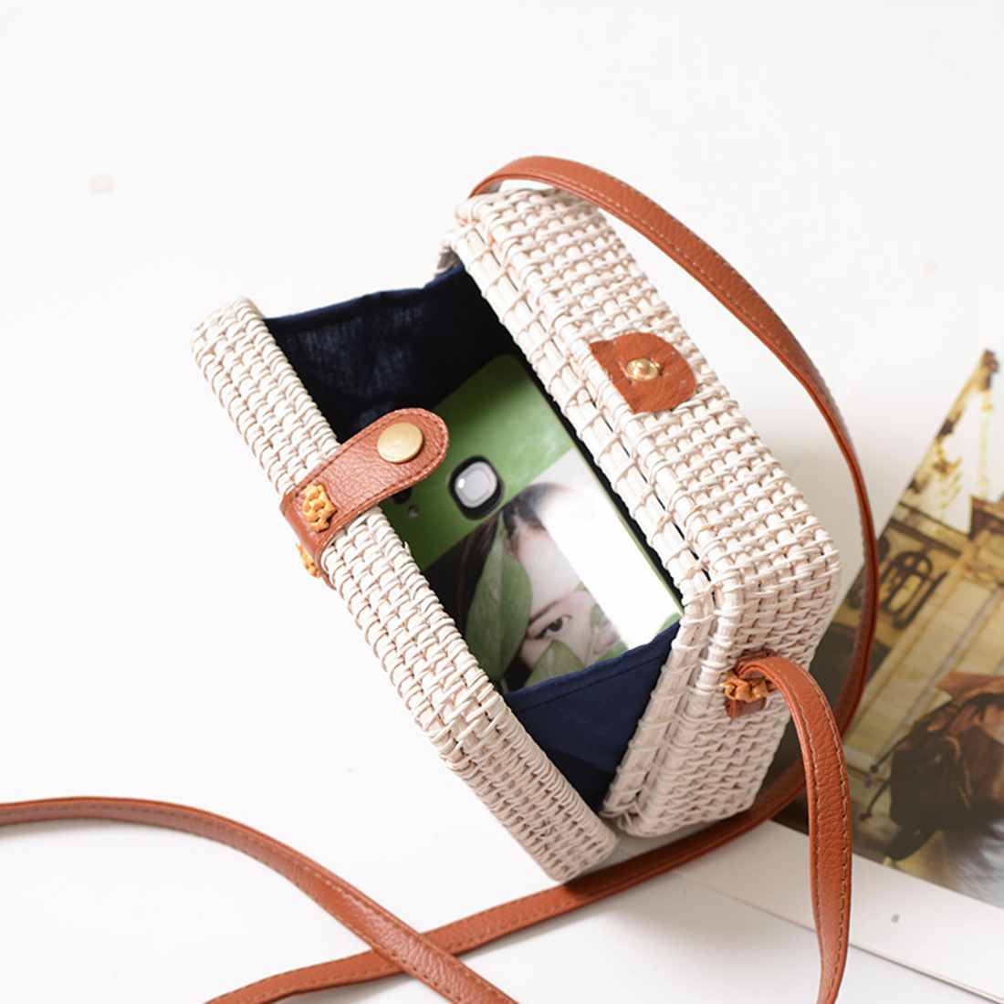 Rattan Woven Bag Ins Bag Wrap Package Department Of Classical Art, Handmade White Mini Woven Bag Pu Shoulder Strap(White) - ebowsos