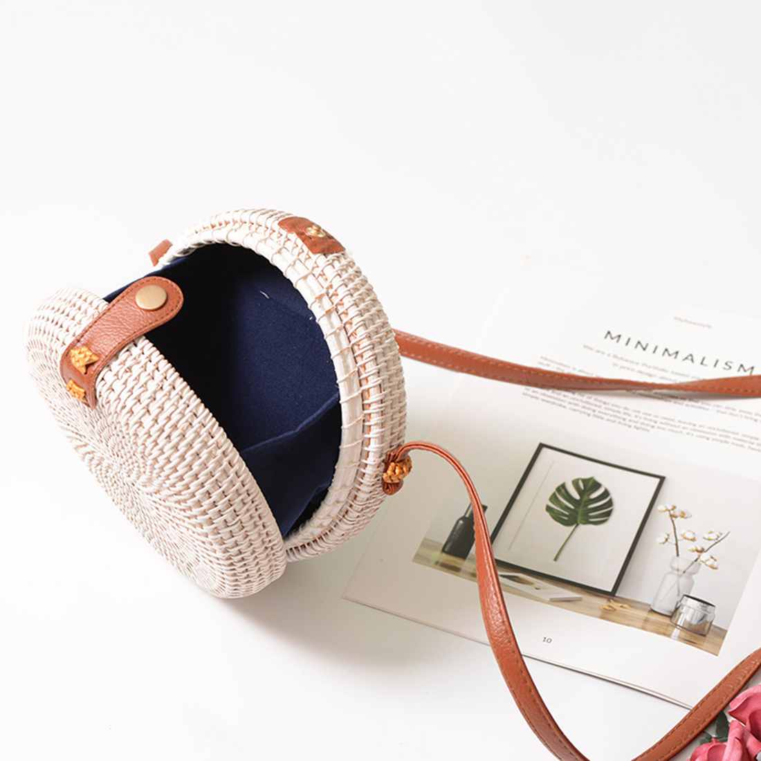 Rattan Woven Bag Ins Bag Wrap Package Department Of Classical Art, Handmade White Mini Woven Bag Pu Shoulder Strap(White) - ebowsos