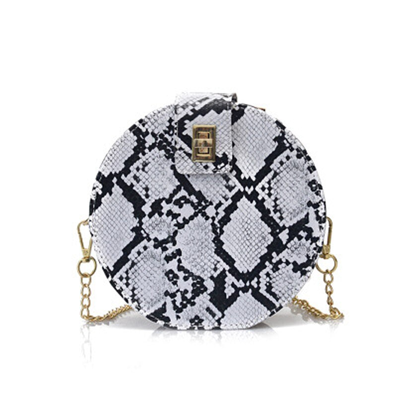 Retro Serpentine Chain Round Bag Women Handbags Printed Small Pu Leather Shoulder Crossbody Bags Female Serpentine Messen - ebowsos