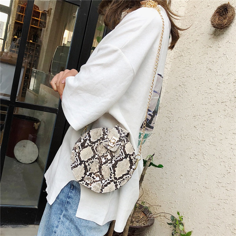 Retro Serpentine Chain Round Bag Women Handbags Printed Small Pu Leather Shoulder Crossbody Bags Female Serpentine Messen - ebowsos