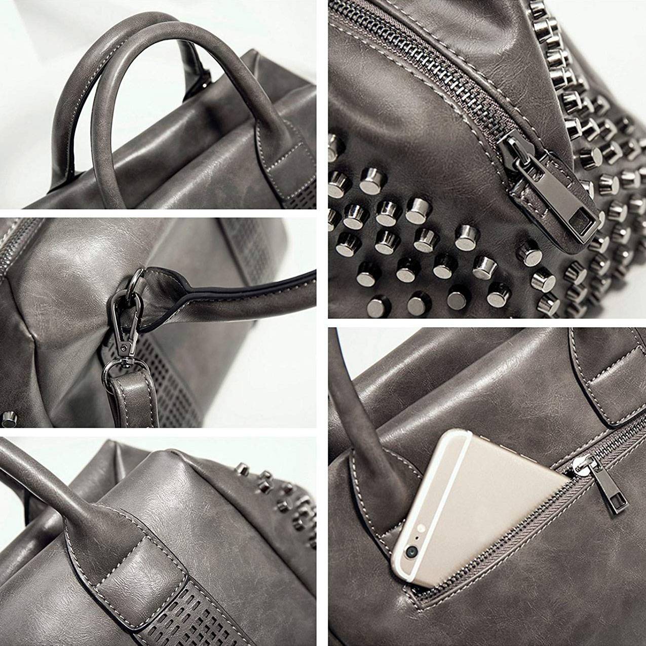 Retro Women Top Handle Satchel Rivet Studded Tote Handbag PU Leather Roomy Shoulder Bags - ebowsos