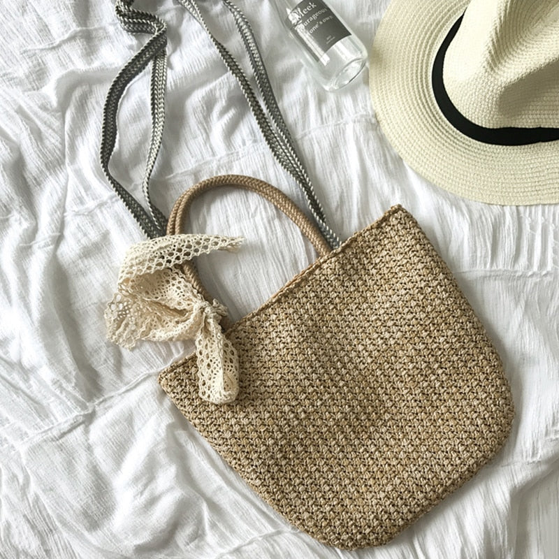 Retro straw bag Woman messenger handbag Girls rattan tote shoulder bag Beach wicker shoulder tote bag - ebowsos