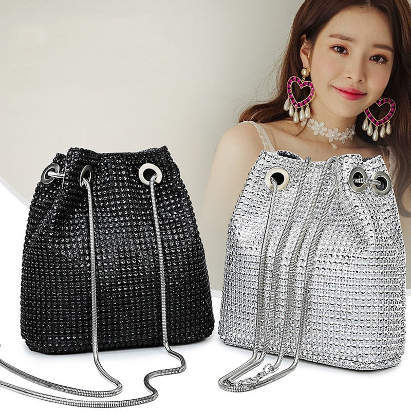 Rhinestone Inlaid Flash Bucket Clutch Bag For Evening Party Fashion Banquet Fashion Shoulder Storage Totes Bags For Women - ebowsos