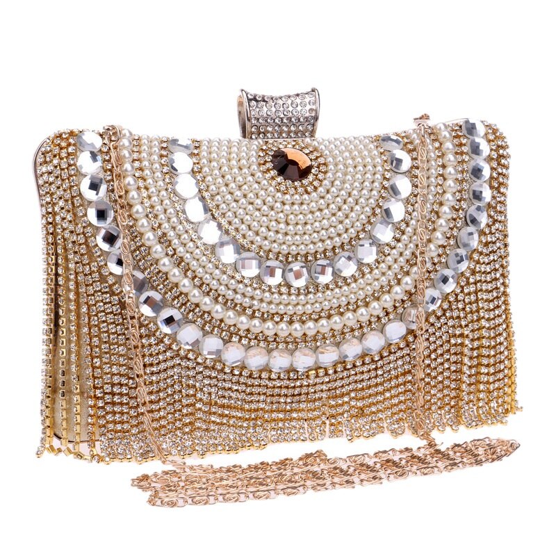 Rhinestones Tassel Clutch Diamonds Beaded Metal Evening Bags Chain Shoulder Messenger Purse Evening Bags For Wedding Bag - ebowsos