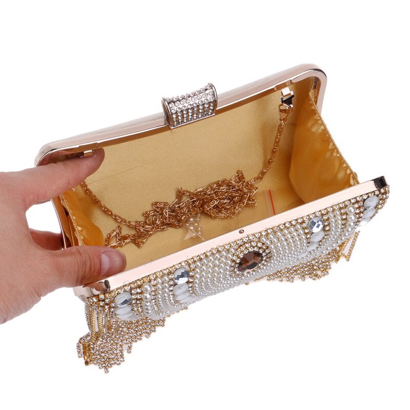 Rhinestones Tassel Clutch Diamonds Beaded Metal Evening Bags Chain Shoulder Messenger Purse Evening Bags For Wedding Bag - ebowsos